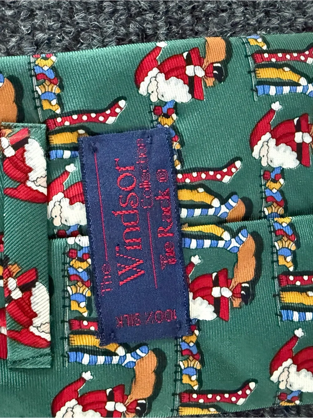 Windsor Green Silk Tie with Red and Yellow Holiday Pattern